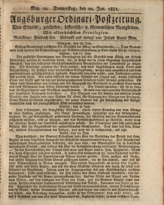 Augsburger Ordinari Postzeitung von Staats-, gelehrten, historisch- u. ökonomischen Neuigkeiten (Augsburger Postzeitung) Donnerstag 20. Januar 1831