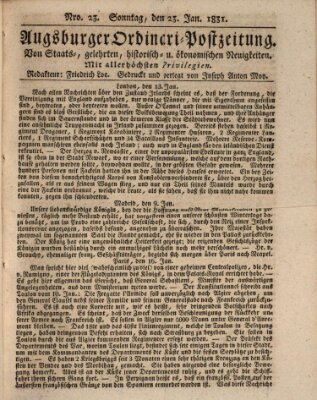 Augsburger Ordinari Postzeitung von Staats-, gelehrten, historisch- u. ökonomischen Neuigkeiten (Augsburger Postzeitung) Sonntag 23. Januar 1831