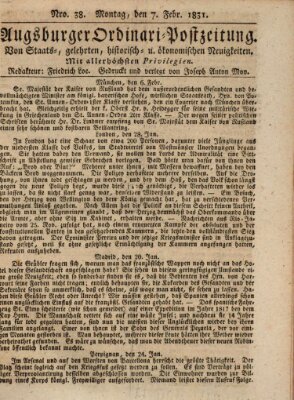 Augsburger Ordinari Postzeitung von Staats-, gelehrten, historisch- u. ökonomischen Neuigkeiten (Augsburger Postzeitung) Montag 7. Februar 1831