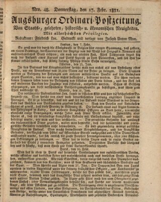 Augsburger Ordinari Postzeitung von Staats-, gelehrten, historisch- u. ökonomischen Neuigkeiten (Augsburger Postzeitung) Donnerstag 17. Februar 1831