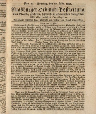 Augsburger Ordinari Postzeitung von Staats-, gelehrten, historisch- u. ökonomischen Neuigkeiten (Augsburger Postzeitung) Sonntag 20. Februar 1831