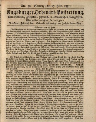 Augsburger Ordinari Postzeitung von Staats-, gelehrten, historisch- u. ökonomischen Neuigkeiten (Augsburger Postzeitung) Sonntag 27. Februar 1831