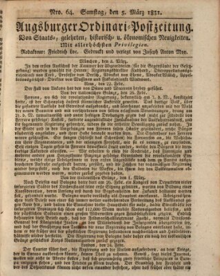 Augsburger Ordinari Postzeitung von Staats-, gelehrten, historisch- u. ökonomischen Neuigkeiten (Augsburger Postzeitung) Samstag 5. März 1831