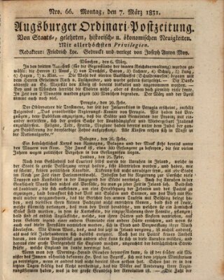 Augsburger Ordinari Postzeitung von Staats-, gelehrten, historisch- u. ökonomischen Neuigkeiten (Augsburger Postzeitung) Montag 7. März 1831