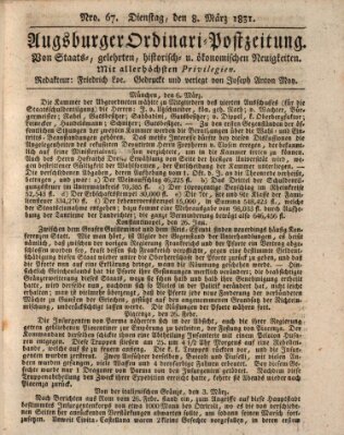 Augsburger Ordinari Postzeitung von Staats-, gelehrten, historisch- u. ökonomischen Neuigkeiten (Augsburger Postzeitung) Dienstag 8. März 1831