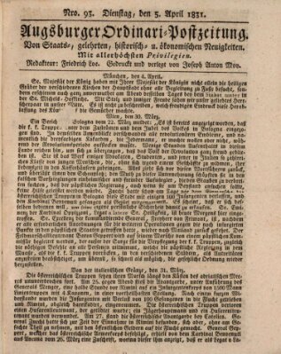 Augsburger Ordinari Postzeitung von Staats-, gelehrten, historisch- u. ökonomischen Neuigkeiten (Augsburger Postzeitung) Dienstag 5. April 1831