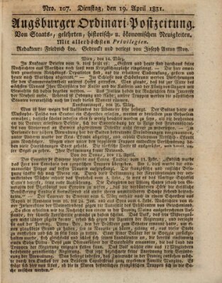 Augsburger Ordinari Postzeitung von Staats-, gelehrten, historisch- u. ökonomischen Neuigkeiten (Augsburger Postzeitung) Dienstag 19. April 1831