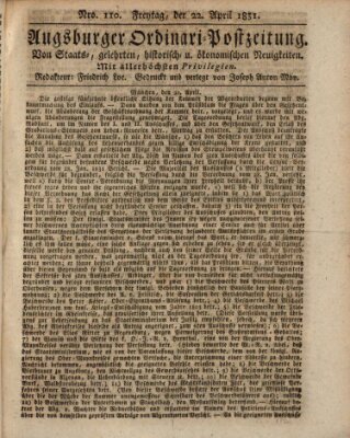 Augsburger Ordinari Postzeitung von Staats-, gelehrten, historisch- u. ökonomischen Neuigkeiten (Augsburger Postzeitung) Freitag 22. April 1831