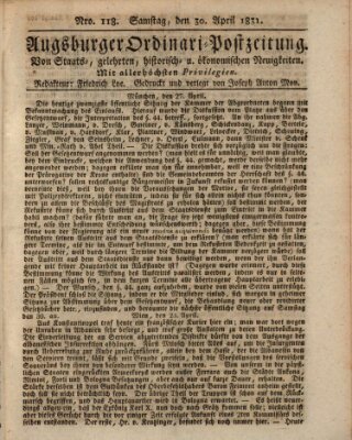 Augsburger Ordinari Postzeitung von Staats-, gelehrten, historisch- u. ökonomischen Neuigkeiten (Augsburger Postzeitung) Samstag 30. April 1831