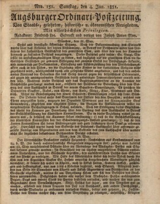 Augsburger Ordinari Postzeitung von Staats-, gelehrten, historisch- u. ökonomischen Neuigkeiten (Augsburger Postzeitung) Samstag 4. Juni 1831