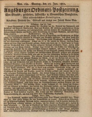 Augsburger Ordinari Postzeitung von Staats-, gelehrten, historisch- u. ökonomischen Neuigkeiten (Augsburger Postzeitung) Montag 13. Juni 1831