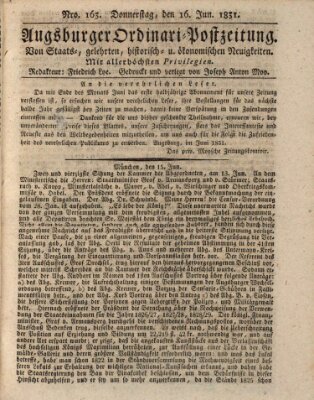 Augsburger Ordinari Postzeitung von Staats-, gelehrten, historisch- u. ökonomischen Neuigkeiten (Augsburger Postzeitung) Donnerstag 16. Juni 1831