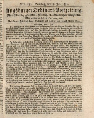 Augsburger Ordinari Postzeitung von Staats-, gelehrten, historisch- u. ökonomischen Neuigkeiten (Augsburger Postzeitung) Sonntag 3. Juli 1831