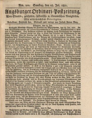 Augsburger Ordinari Postzeitung von Staats-, gelehrten, historisch- u. ökonomischen Neuigkeiten (Augsburger Postzeitung) Samstag 23. Juli 1831