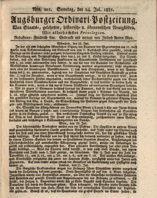 Augsburger Ordinari Postzeitung von Staats-, gelehrten, historisch- u. ökonomischen Neuigkeiten (Augsburger Postzeitung) Sonntag 24. Juli 1831