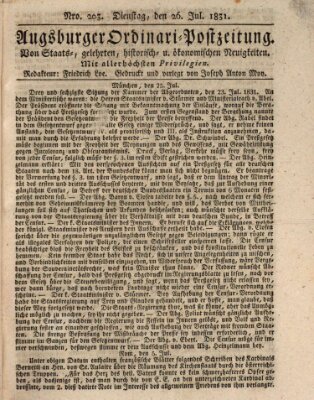 Augsburger Ordinari Postzeitung von Staats-, gelehrten, historisch- u. ökonomischen Neuigkeiten (Augsburger Postzeitung) Dienstag 26. Juli 1831