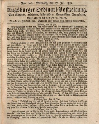 Augsburger Ordinari Postzeitung von Staats-, gelehrten, historisch- u. ökonomischen Neuigkeiten (Augsburger Postzeitung) Mittwoch 27. Juli 1831