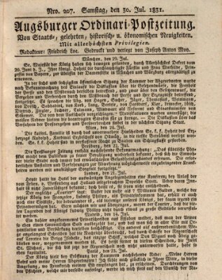 Augsburger Ordinari Postzeitung von Staats-, gelehrten, historisch- u. ökonomischen Neuigkeiten (Augsburger Postzeitung) Samstag 30. Juli 1831