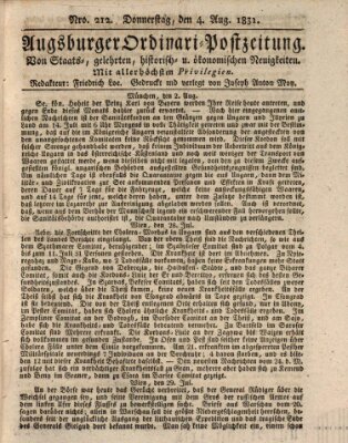 Augsburger Ordinari Postzeitung von Staats-, gelehrten, historisch- u. ökonomischen Neuigkeiten (Augsburger Postzeitung) Donnerstag 4. August 1831