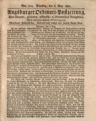 Augsburger Ordinari Postzeitung von Staats-, gelehrten, historisch- u. ökonomischen Neuigkeiten (Augsburger Postzeitung) Samstag 6. August 1831