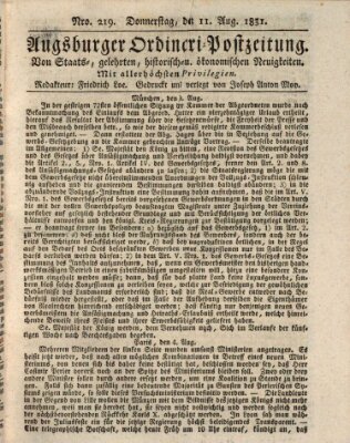 Augsburger Ordinari Postzeitung von Staats-, gelehrten, historisch- u. ökonomischen Neuigkeiten (Augsburger Postzeitung) Donnerstag 11. August 1831