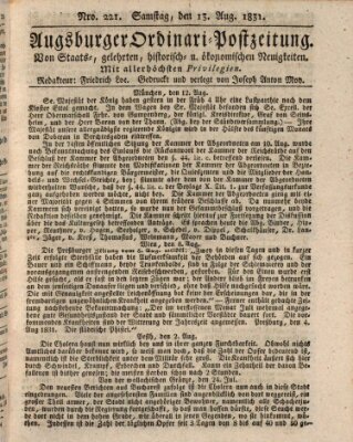 Augsburger Ordinari Postzeitung von Staats-, gelehrten, historisch- u. ökonomischen Neuigkeiten (Augsburger Postzeitung) Samstag 13. August 1831