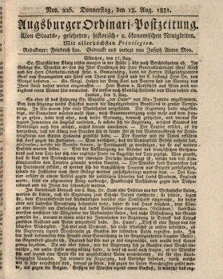 Augsburger Ordinari Postzeitung von Staats-, gelehrten, historisch- u. ökonomischen Neuigkeiten (Augsburger Postzeitung) Donnerstag 18. August 1831