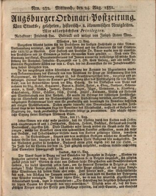 Augsburger Ordinari Postzeitung von Staats-, gelehrten, historisch- u. ökonomischen Neuigkeiten (Augsburger Postzeitung) Mittwoch 24. August 1831