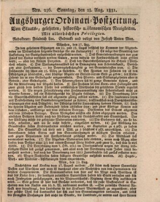 Augsburger Ordinari Postzeitung von Staats-, gelehrten, historisch- u. ökonomischen Neuigkeiten (Augsburger Postzeitung) Sonntag 28. August 1831