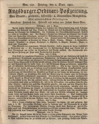 Augsburger Ordinari Postzeitung von Staats-, gelehrten, historisch- u. ökonomischen Neuigkeiten (Augsburger Postzeitung) Freitag 2. September 1831