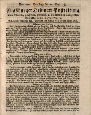 Augsburger Ordinari Postzeitung von Staats-, gelehrten, historisch- u. ökonomischen Neuigkeiten (Augsburger Postzeitung) Samstag 10. September 1831