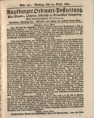 Augsburger Ordinari Postzeitung von Staats-, gelehrten, historisch- u. ökonomischen Neuigkeiten (Augsburger Postzeitung) Montag 12. September 1831