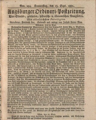 Augsburger Ordinari Postzeitung von Staats-, gelehrten, historisch- u. ökonomischen Neuigkeiten (Augsburger Postzeitung) Donnerstag 15. September 1831