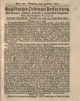 Augsburger Ordinari Postzeitung von Staats-, gelehrten, historisch- u. ökonomischen Neuigkeiten (Augsburger Postzeitung) Sonntag 18. September 1831