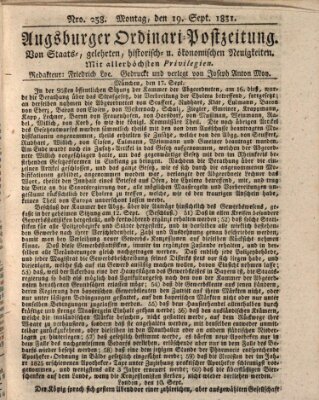 Augsburger Ordinari Postzeitung von Staats-, gelehrten, historisch- u. ökonomischen Neuigkeiten (Augsburger Postzeitung) Montag 19. September 1831