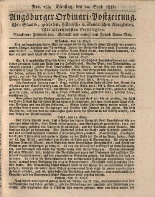 Augsburger Ordinari Postzeitung von Staats-, gelehrten, historisch- u. ökonomischen Neuigkeiten (Augsburger Postzeitung) Dienstag 20. September 1831