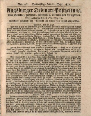 Augsburger Ordinari Postzeitung von Staats-, gelehrten, historisch- u. ökonomischen Neuigkeiten (Augsburger Postzeitung) Donnerstag 22. September 1831