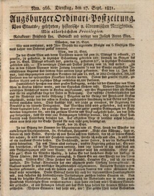 Augsburger Ordinari Postzeitung von Staats-, gelehrten, historisch- u. ökonomischen Neuigkeiten (Augsburger Postzeitung) Dienstag 27. September 1831