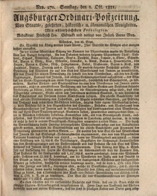 Augsburger Ordinari Postzeitung von Staats-, gelehrten, historisch- u. ökonomischen Neuigkeiten (Augsburger Postzeitung) Samstag 1. Oktober 1831