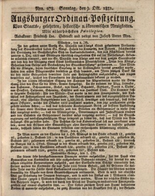 Augsburger Ordinari Postzeitung von Staats-, gelehrten, historisch- u. ökonomischen Neuigkeiten (Augsburger Postzeitung) Sonntag 9. Oktober 1831