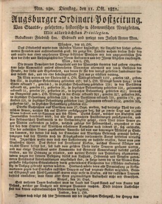 Augsburger Ordinari Postzeitung von Staats-, gelehrten, historisch- u. ökonomischen Neuigkeiten (Augsburger Postzeitung) Dienstag 11. Oktober 1831