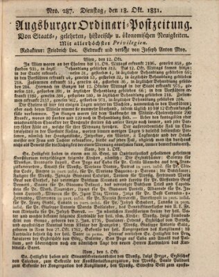 Augsburger Ordinari Postzeitung von Staats-, gelehrten, historisch- u. ökonomischen Neuigkeiten (Augsburger Postzeitung) Dienstag 18. Oktober 1831