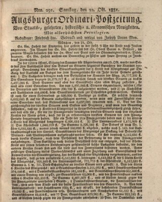 Augsburger Ordinari Postzeitung von Staats-, gelehrten, historisch- u. ökonomischen Neuigkeiten (Augsburger Postzeitung) Samstag 22. Oktober 1831