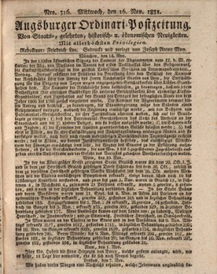 Augsburger Ordinari Postzeitung von Staats-, gelehrten, historisch- u. ökonomischen Neuigkeiten (Augsburger Postzeitung) Mittwoch 16. November 1831