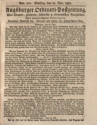 Augsburger Ordinari Postzeitung von Staats-, gelehrten, historisch- u. ökonomischen Neuigkeiten (Augsburger Postzeitung) Dienstag 22. November 1831