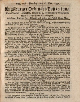 Augsburger Ordinari Postzeitung von Staats-, gelehrten, historisch- u. ökonomischen Neuigkeiten (Augsburger Postzeitung) Samstag 26. November 1831