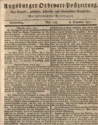 Augsburger Ordinari Postzeitung von Staats-, gelehrten, historisch- u. ökonomischen Neuigkeiten (Augsburger Postzeitung) Donnerstag 8. Dezember 1831