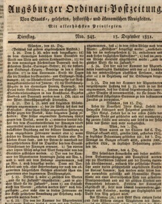 Augsburger Ordinari Postzeitung von Staats-, gelehrten, historisch- u. ökonomischen Neuigkeiten (Augsburger Postzeitung) Dienstag 13. Dezember 1831