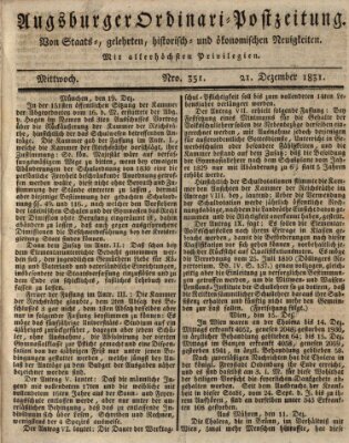 Augsburger Ordinari Postzeitung von Staats-, gelehrten, historisch- u. ökonomischen Neuigkeiten (Augsburger Postzeitung) Mittwoch 21. Dezember 1831