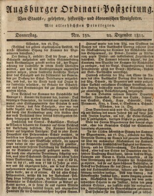 Augsburger Ordinari Postzeitung von Staats-, gelehrten, historisch- u. ökonomischen Neuigkeiten (Augsburger Postzeitung) Donnerstag 22. Dezember 1831